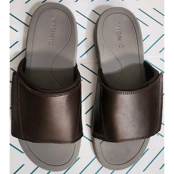 Vionic Other - Vionic Stanley Sandals Men's Sz 9 Brown Leather Comfort Slip On Slide Shoes New